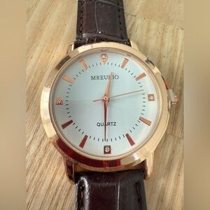 Mreurio mens rose gold tone brown leather dress watch NEW BATTERY